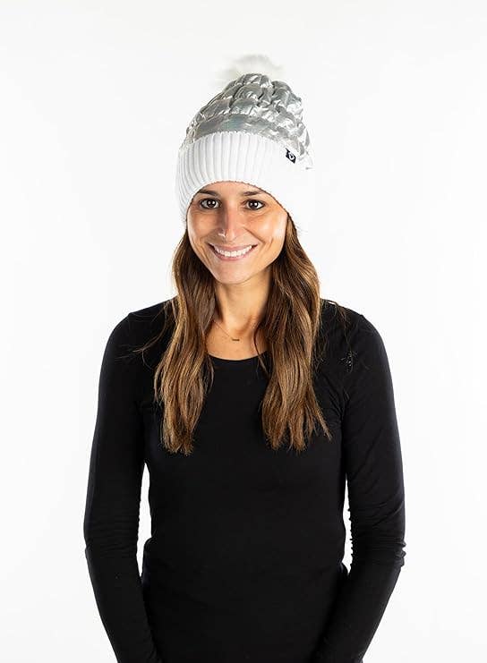 Puffer Faux Fur Pom Beanie - White/Silver