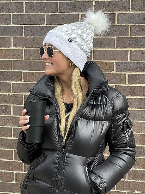 Puffer Faux Fur Pom Beanie - White/Silver