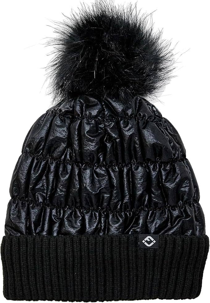 Puffer Faux Fur Pom Beanie - Black