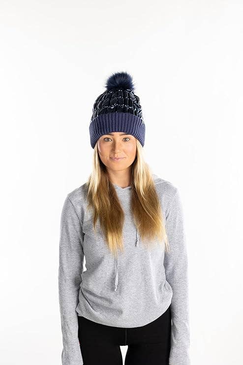 Puffer Faux Fur Pom Beanie - Navy Blue