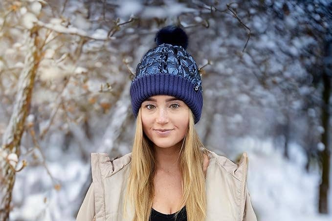 Puffer Faux Fur Pom Beanie - Navy Blue