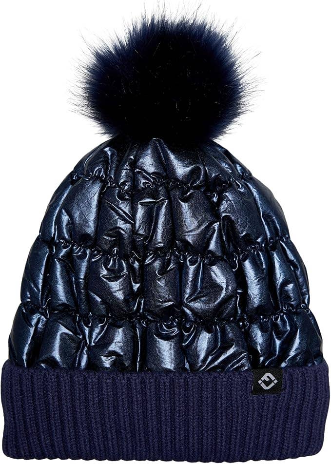 Puffer Faux Fur Pom Beanie - Navy Blue
