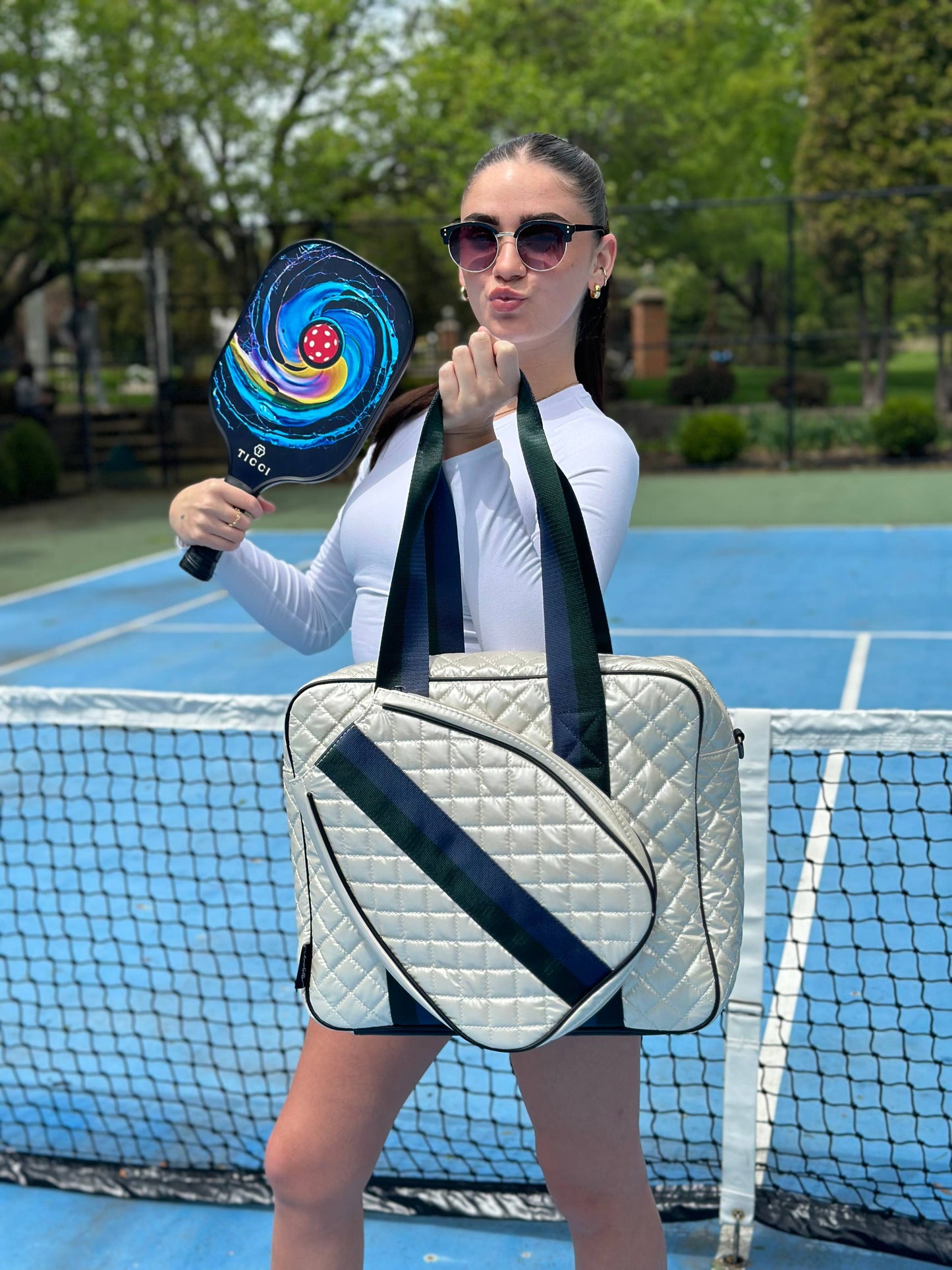Pickle Ball Tote Diamond Pearl with Blue Stripe