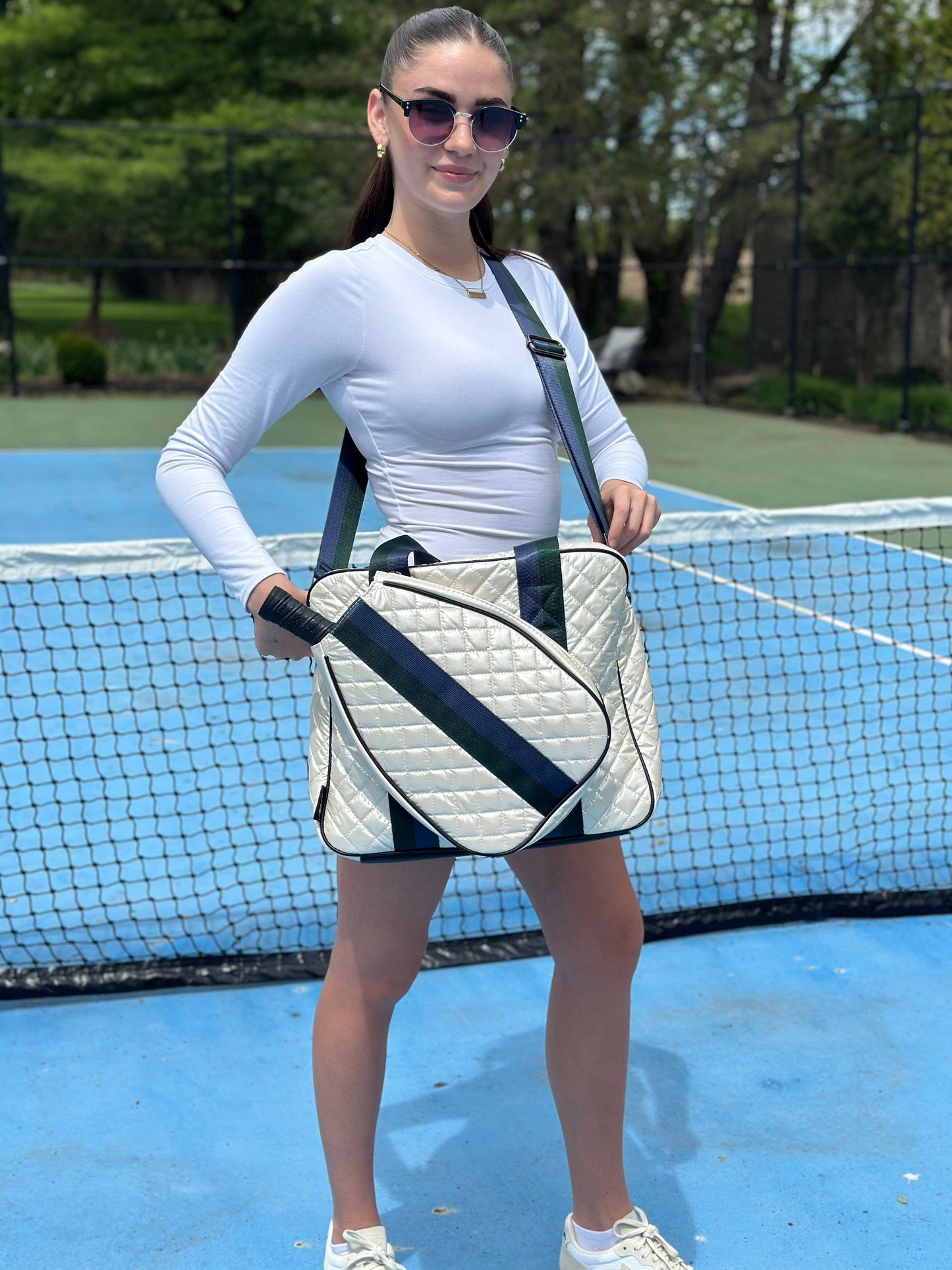 Pickle Ball Tote Diamond Pearl with Blue Stripe