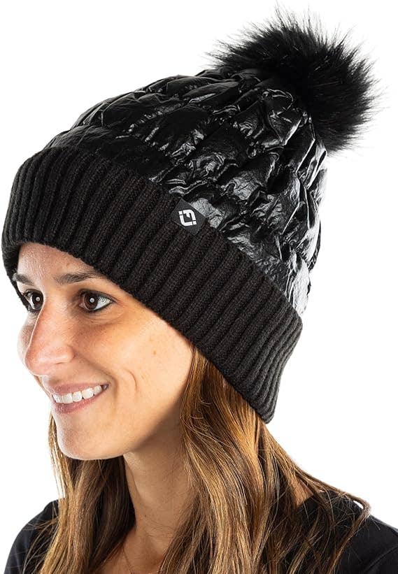 Puffer Faux Fur Pom Beanie - Black