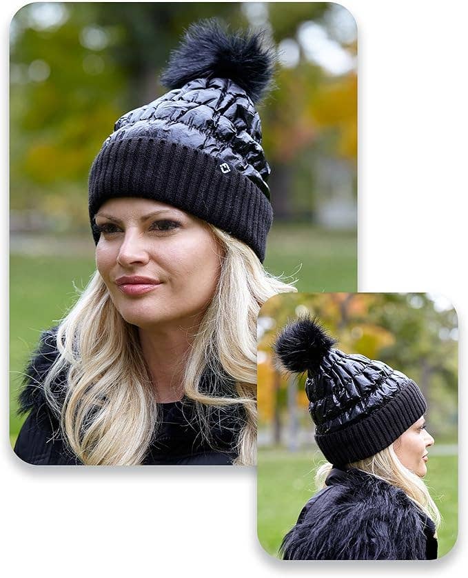 Puffer Faux Fur Pom Beanie - Black