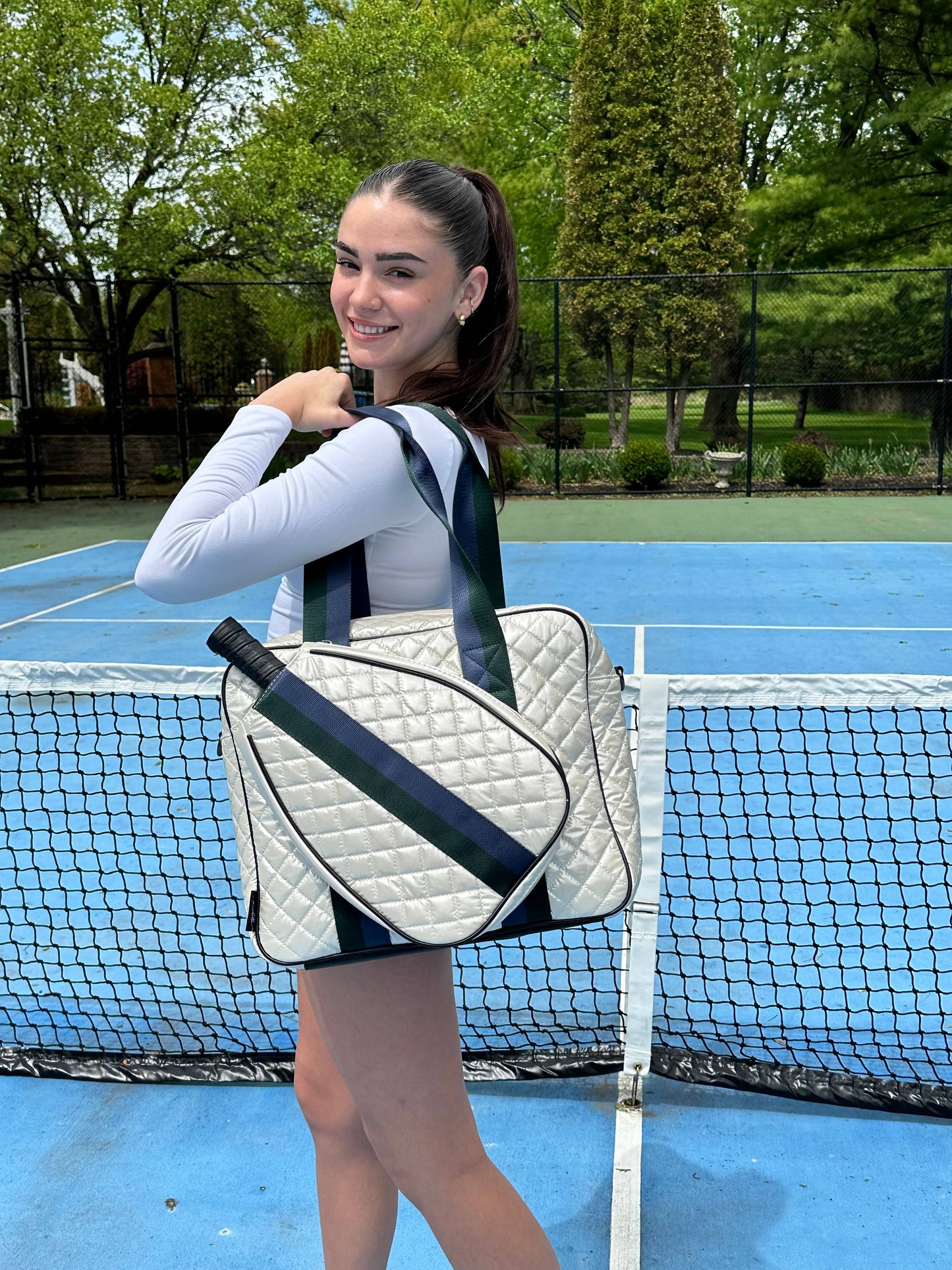 Pickle Ball Tote Diamond Pearl with Blue Stripe
