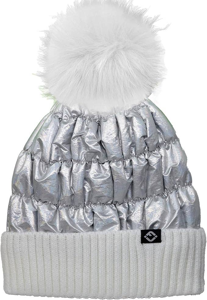 Puffer Faux Fur Pom Beanie - White/Silver