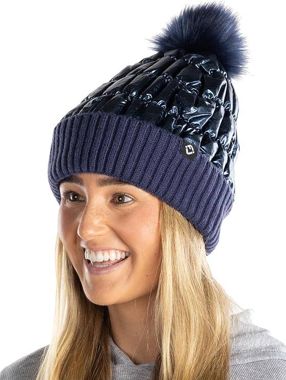 Puffer Faux Fur Pom Beanie - Navy Blue