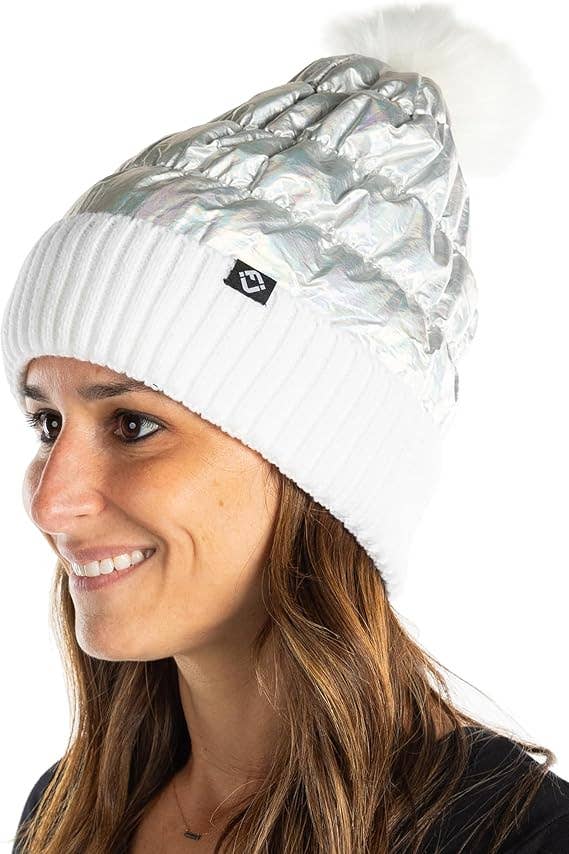 Puffer Faux Fur Pom Beanie - White/Silver