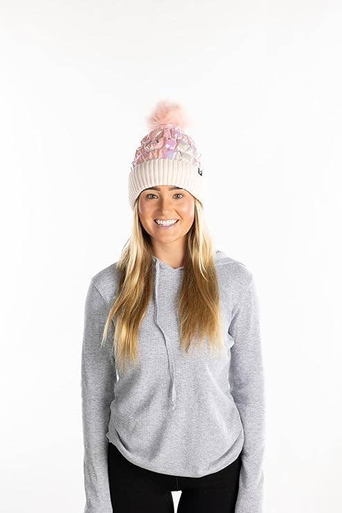 Puffer Faux Fur Pom Beanie - Iridescent Pink