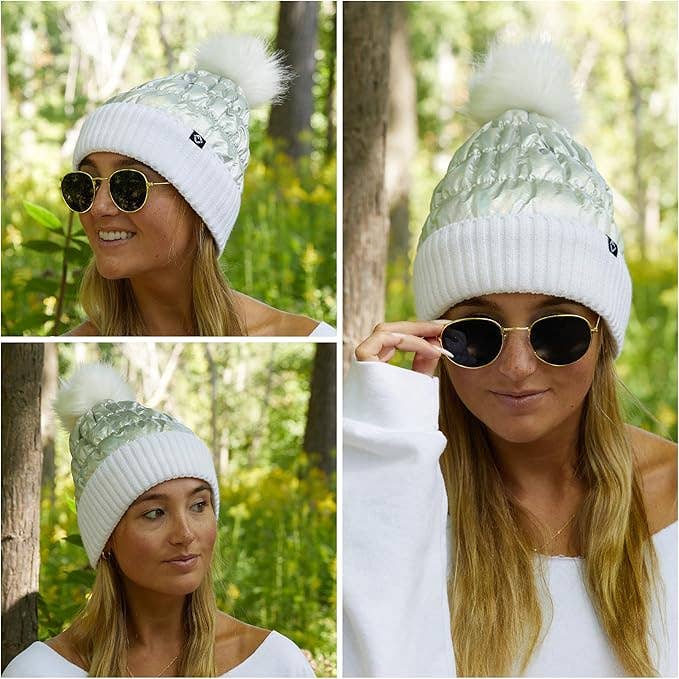 Puffer Faux Fur Pom Beanie  - White/Silver