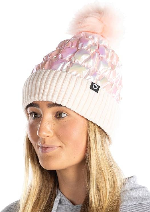 Puffer Faux Fur Pom Beanie - Iridescent Pink