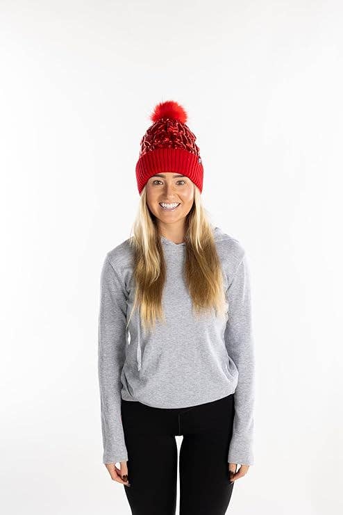 Puffer Faux Fur Pom Beanie - - Red