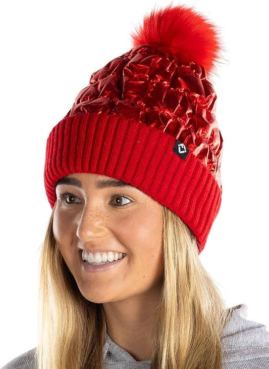 Puffer Faux Fur Pom Beanie - - Red