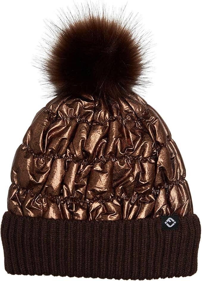 Puffer Faux Fur Pom Beanie - Bronze