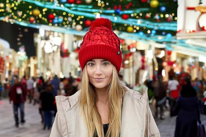 Puffer Faux Fur Pom Beanie - - Red