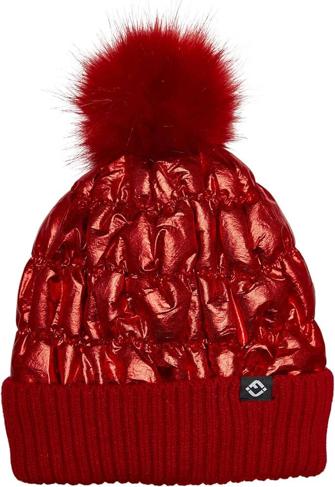Puffer Faux Fur Pom Beanie - - Red