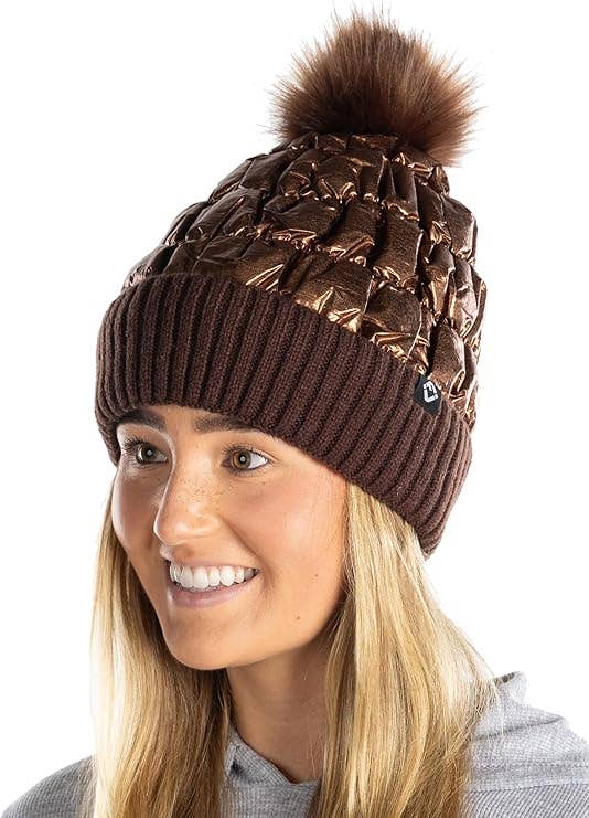 Puffer Faux Fur Pom Beanie - Bronze